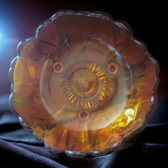 Vtg 60's Amber Glass Scalloped Footed Bowl Sunflower Colony by Indiana Glass Co - Picture 3 of 5